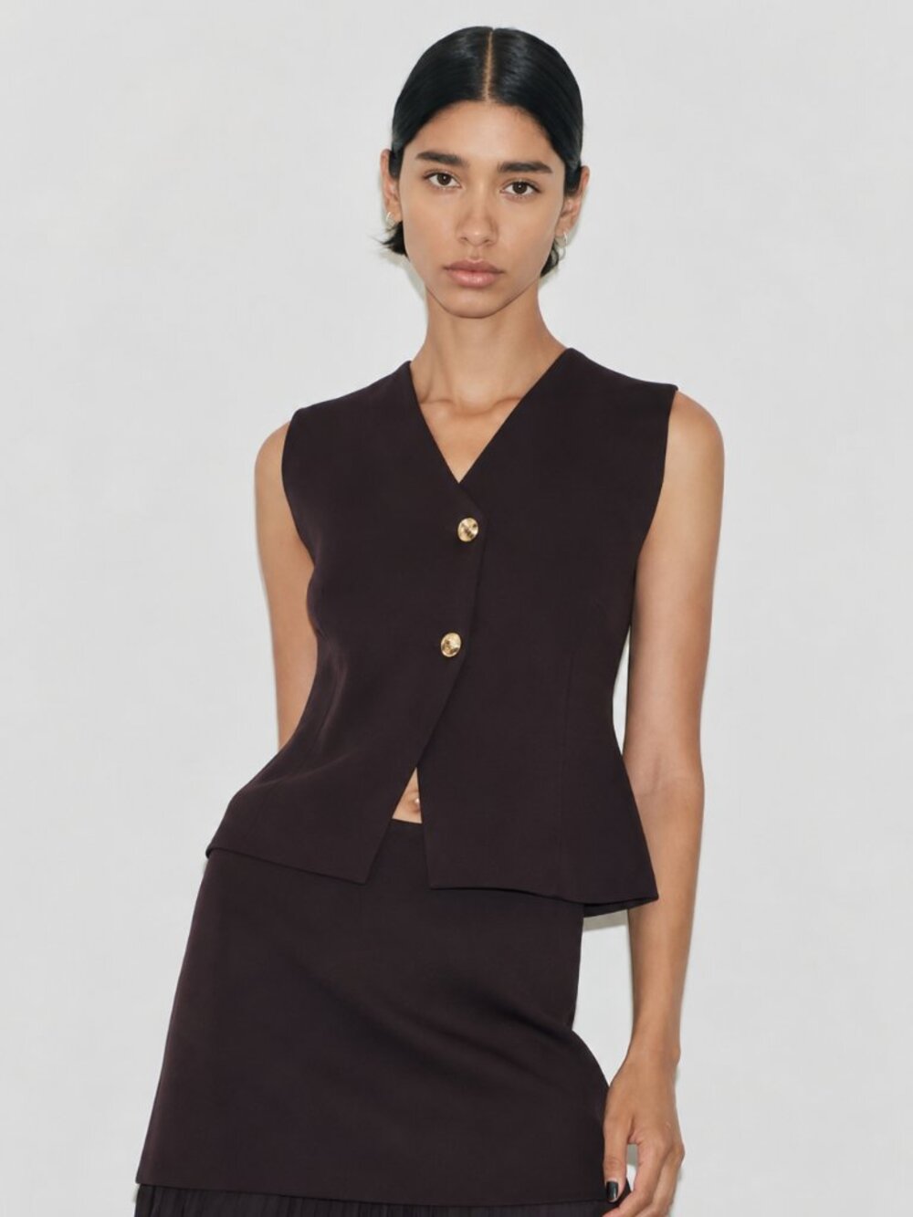 Zara Textured Knitted Button Vest Brown‎ Medium